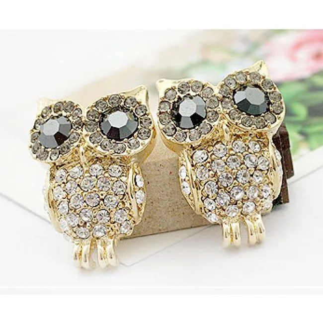 Cute Shining Rhinestone Owl Earring Studs