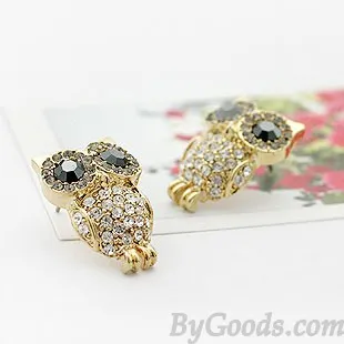 Cute Shining Rhinestone Owl Earring Studs