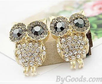 Cute Shining Rhinestone Owl Earring Studs