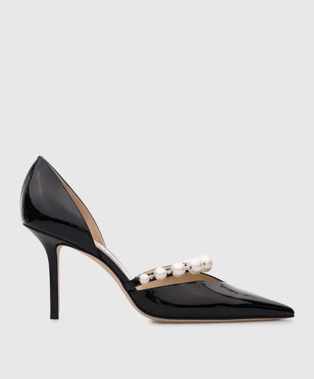 Jimmy Choo AURELIE 85 black patent leather boat shoes with beads