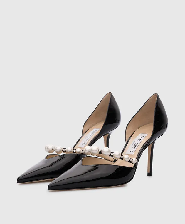 Jimmy Choo AURELIE 85 black patent leather boat shoes with beads