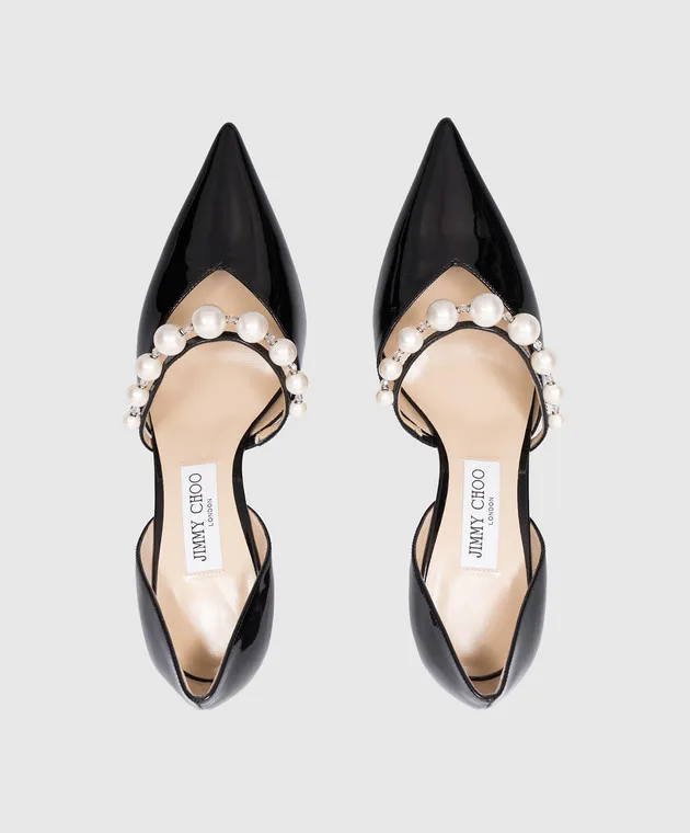 Jimmy Choo AURELIE 85 black patent leather boat shoes with beads