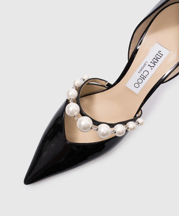 Jimmy Choo AURELIE 85 black patent leather boat shoes with beads