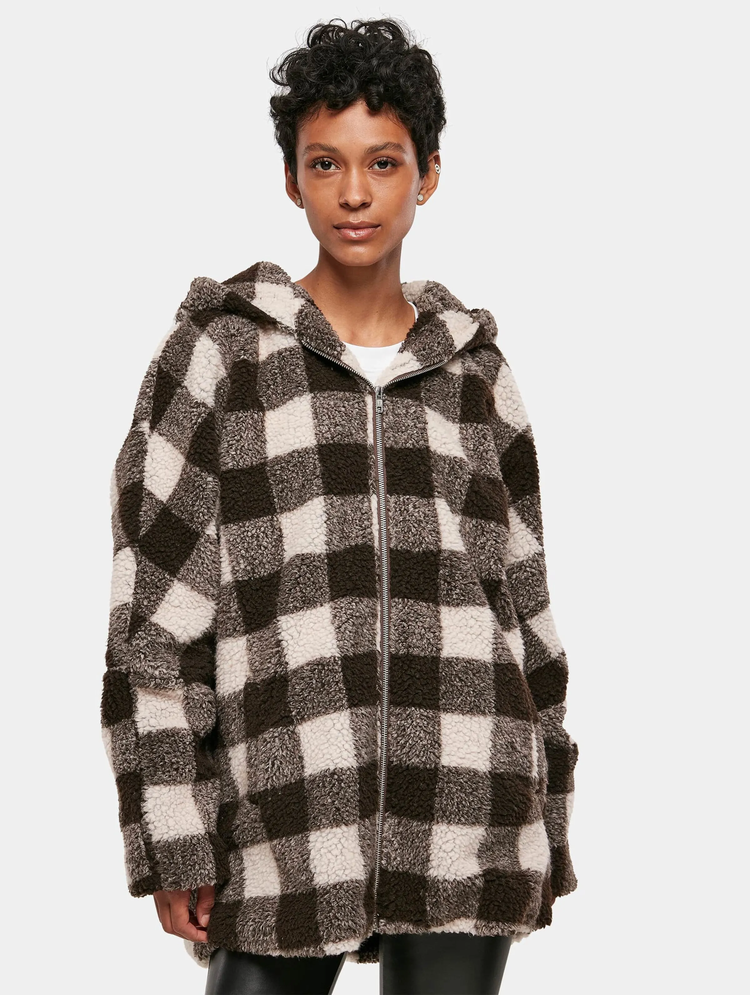 Ladies Hooded Oversized Check Sherpa