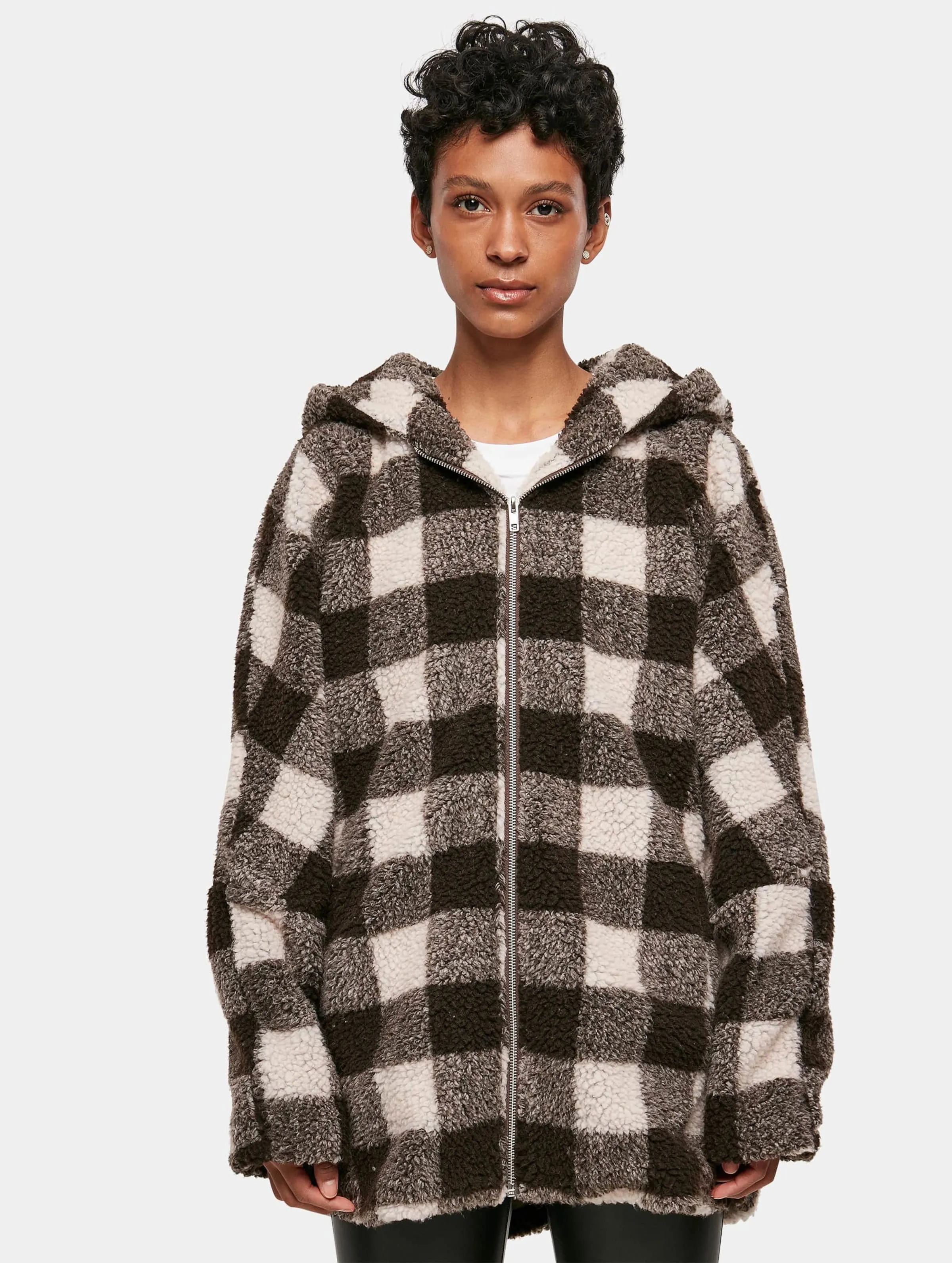 Ladies Hooded Oversized Check Sherpa