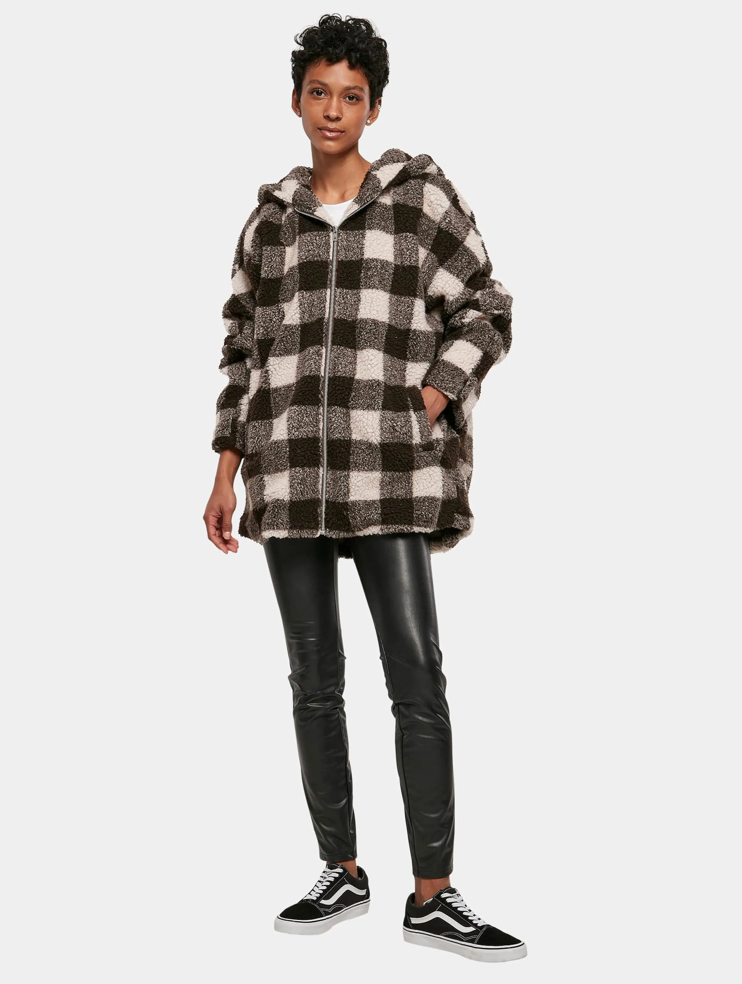Ladies Hooded Oversized Check Sherpa