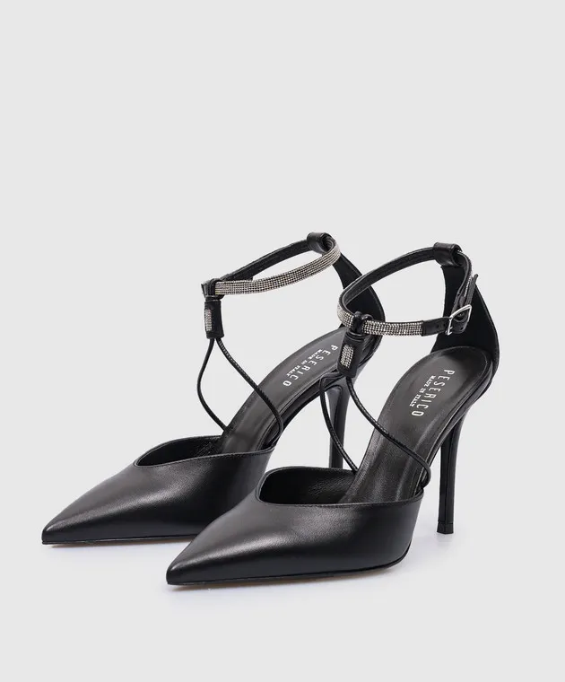 Peserico Black leather shoes with monil chain