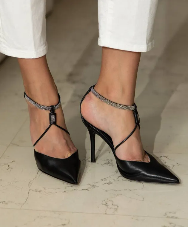 Peserico Black leather shoes with monil chain