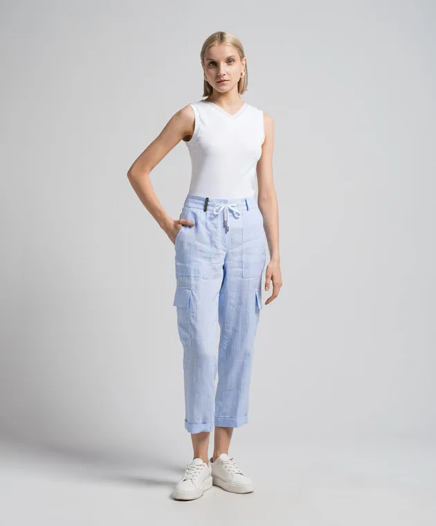 Peserico Blue linen cargo pants with logo patch