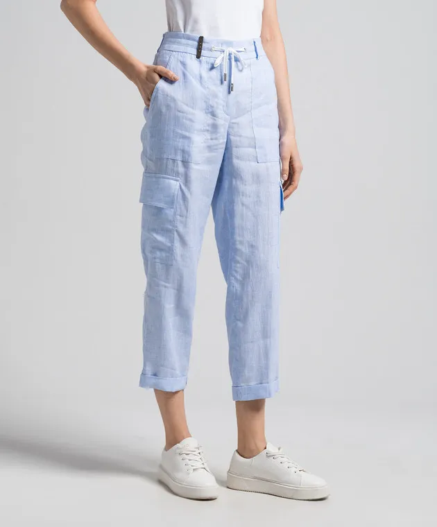 Peserico Blue linen cargo pants with logo patch