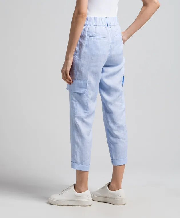 Peserico Blue linen cargo pants with logo patch